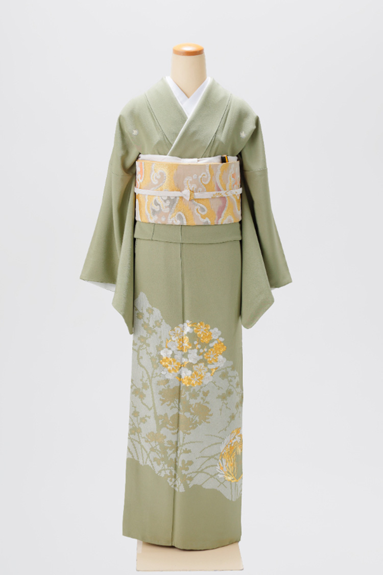 D-12 訪問着 クリーム色地 紗綾型と藤・菊柄 - 円居の着物レンタル